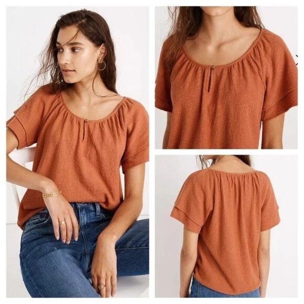 Madewell Texture & Thread Tiered Sleeve Top Womens sz M terra cotta 100% cotton